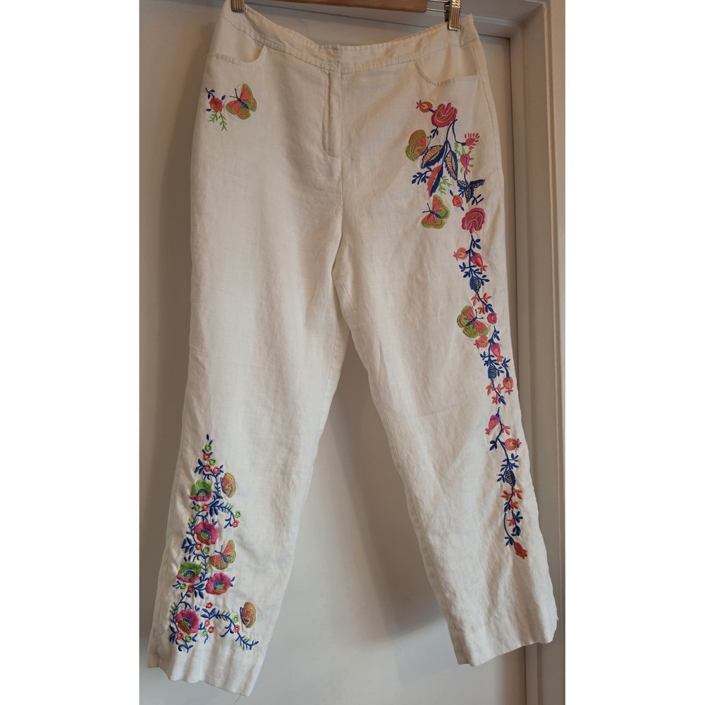 S.L.B. Linen Pants Women Sz 8 White Floral Casual Boho Embroidered Trousers VTG
